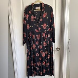 Vintage T.T. Mar 1990s Dress Womens Black w/ Flowers Midi Grunge Prairie L / XL